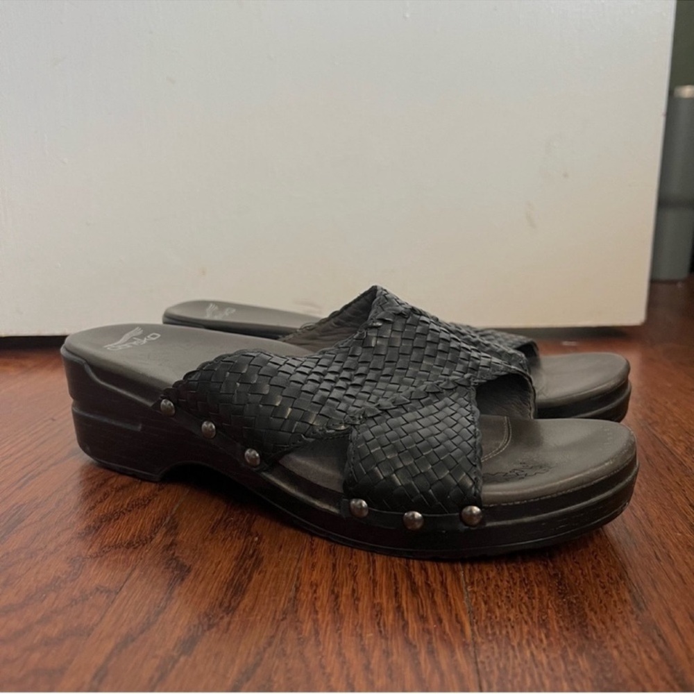 Dansko Black Woven Leather Slide Sandals